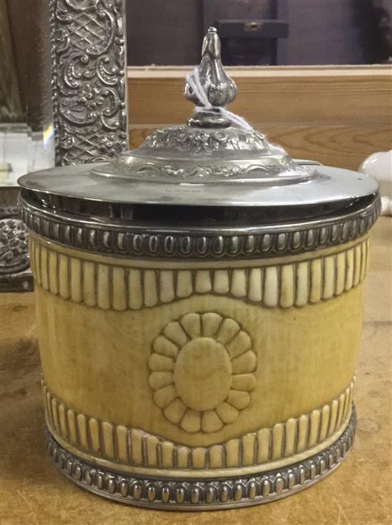 Victorian ivory tusk tea caddy with plated mounts